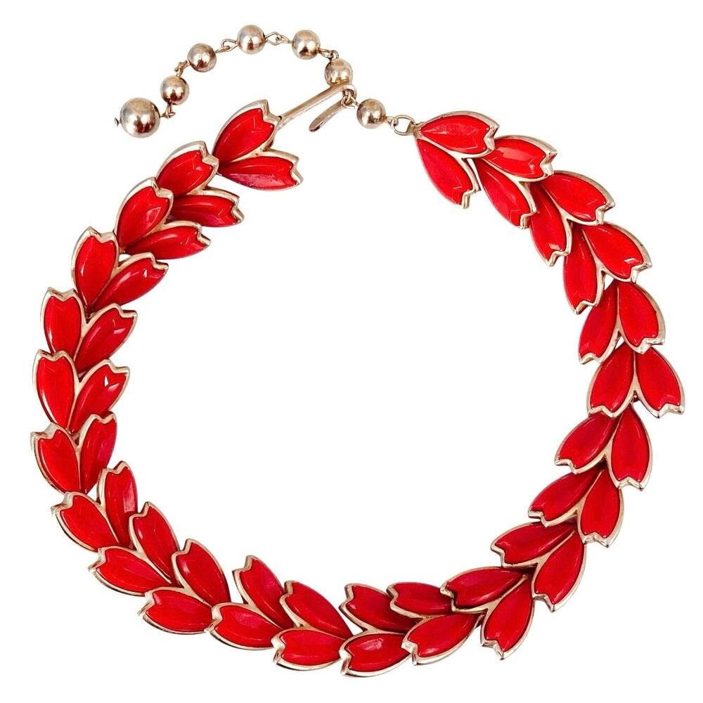 VTG Celluloid Plastic Red Leaf Gold Tone Link Choker Necklace, Lightweight MCM